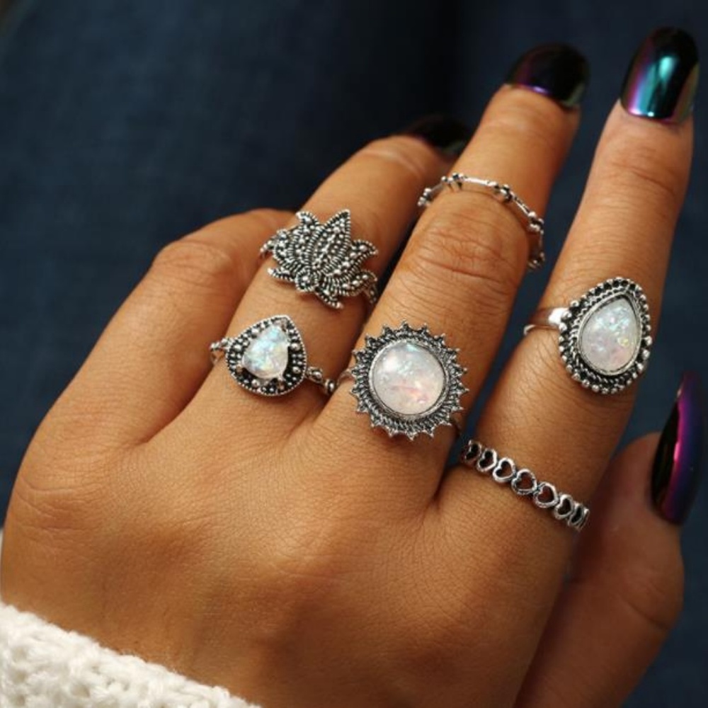 NEW 6pc white fire opal ring set - Picture 2 of 7